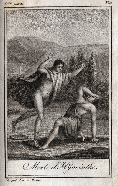 アポロとヒヤシンス（ヒヤシンスの死） シャルル・アルベール・ドゥムスティエ（1760-1801）の「Lettres a Emilie sur la mythologie」に掲載された1819年のエングレーヴィング。個人蔵。 作： Anonymous Anonymous