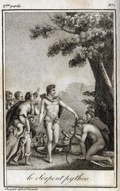 パルナッソス山のアポロとパイソンの蛇。チャールズ・アルベール・ドゥムスティエ（1760-1801）の「Lettres a Emilie sur la mythologie」（1819年）に掲載された版画。個人蔵。 作： Anonymous Anonymous