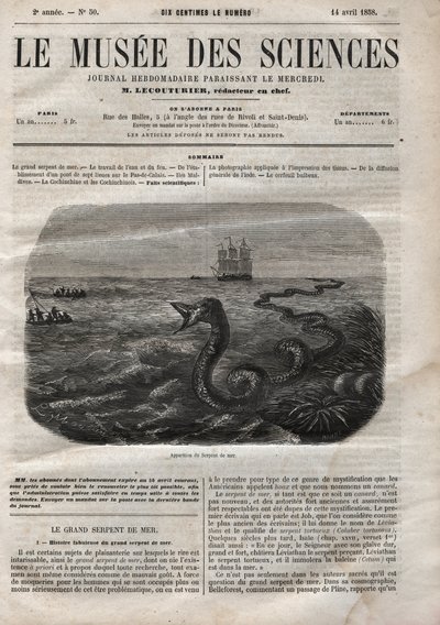 ウミヘビの出現。1858年に描かれたもの。4月14日の "Musee des sciences "の1枚。 作： Anonymous Anonymous