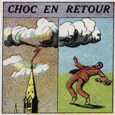 Atmospheric electricite：リターンのショック。人間が感電するのは、雷の影響範囲内にいるからである。1925年の匿名のイラスト。個人蔵。 作： Anonymous Anonymous