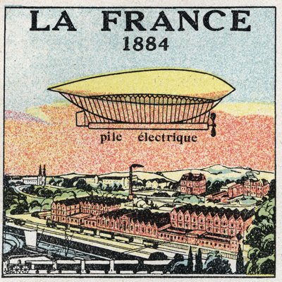 風船：1884年、フランスのレナールとクレブスが発明した電気電池を使用した飛行船「ラ・フランス号」。1925年の匿名のイラスト。個人蔵。 作： Anonymous Anonymous