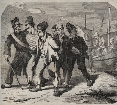 19世紀のベル＝イル＝アン＝メール（海に浮かぶ美しい島）。ピエール・ザッコーネ（1817-1895）の「Histoire des bagnes depuis leur création à nos jours」（1877年）に掲載されている版画（コロニア・ペナーレ-流刑植民地）。 作： Anonymous Anonymous
