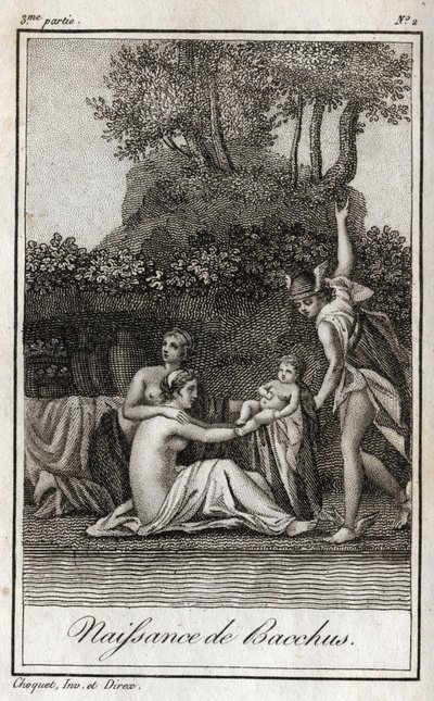 ジュピターとセメレの息子、バッカスの誕生。シャルル・アルベール・ドゥムスティエ（1760-1801）の「Lettres a Emilie sur la mythologie」（1819年）に掲載された版画。個人蔵。 作： Anonymous Anonymous