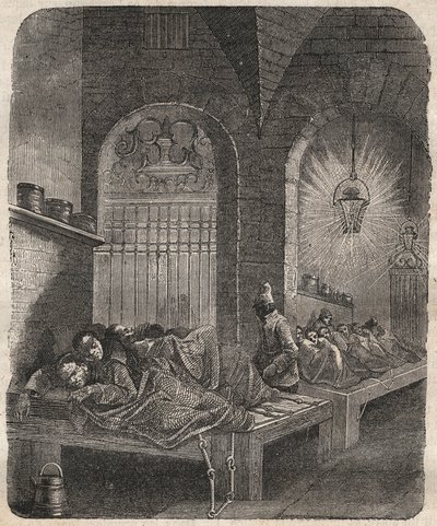 夜のブレストのバーゲン。ピエール・ザッコーネ（1817-1895）の『Histoire des bagnes depuis leur création à nos jours』（1877年）に掲載されている版画（Colonia Penale - Penal colony）。プライベートコレクション 作： Anonymous Anonymous