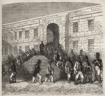 19世紀のブレストのバッグン。ピエール・ザッコーネ（1817-1895）の「Histoire des bagnes depuis leur création à nos jours」（1877年）に掲載された版画（Colonia Penale - Penal colony）。個人蔵。 作： Anonymous Anonymous