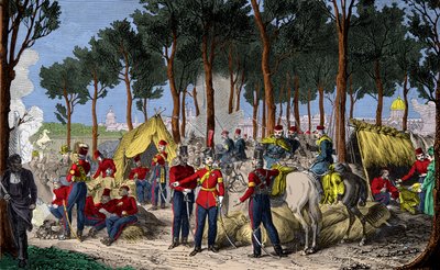 1815年7月、ナポレオン1世の敗北後、パリのシャンゼリゼ通りで行われたロシア軍とイギリス軍のキャンプ、エングレーヴィング、プライベート・コレクション 作： Anonymous Anonymous