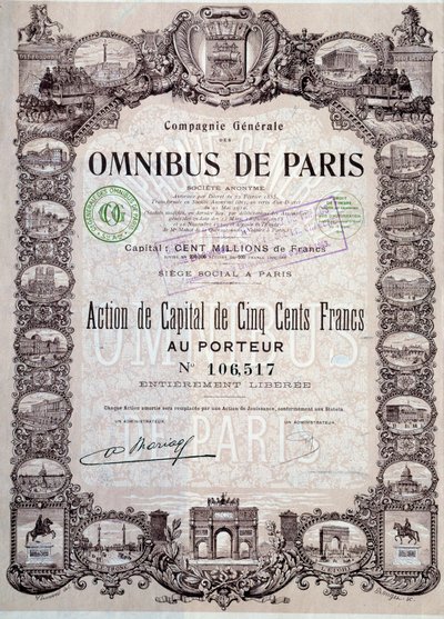 パリのオムニバスで500フランの資本金シェア、20世紀のColl.シェア 作： Anonymous Anonymous