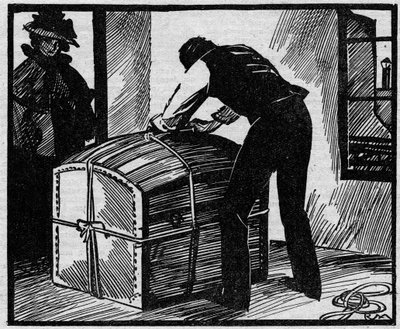 Eyraud-Bompard事件（Eyraud Bompard）または血まみれのトランクの事件：1888年にパリでMichel EyraudとGabrielle Bompardのカップルによって殺害された廷臣Gouffeの死体を隠すために使用されたトランクが発見された。イラストは「Le petit journa」より引用。 作： Anonymous Anonymous