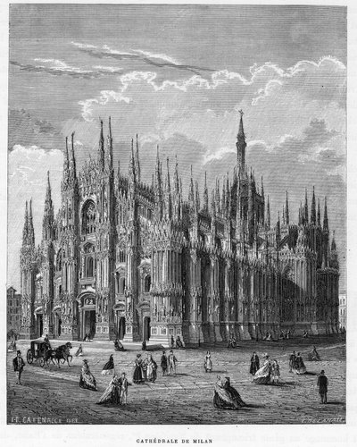 イタリア、ミラノの大聖堂（ドゥオモ）。アルマンゴーの「ヨーロッパの画廊-イタリア」に掲載された1859年の彫刻。個人のコレクションです。 作： Anonymous Anonymous