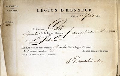 1814年7月21日、内務省長官ギゾーへのレジオン・ドヌールの交付証明書。 作： Anonymous Anonymous