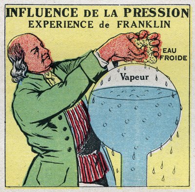 状態の変化：圧力の影響。フランクリンの沸点、ベンジャミン・フランクリン（1706-1790）の経験から、水が100度以下で沸騰することを証明した。1925年の匿名のイラスト。個人蔵。 作： Anonymous Anonymous