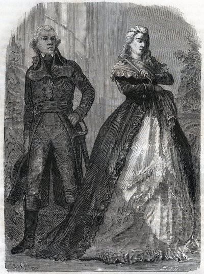 シャルル・フランソワ・デュ・ペリエ・ディ・デュムリエ（1739-1823）、王妃マリー・アントワネット（1755-1793）と一緒にいるフランスの将軍。Adolphe Thiers著『Histoire de la Revolution francaise』に掲載された1866年のエングレーヴィング。個人蔵。 作： Anonymous Anonymous