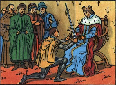 賢者シャルル5世（1338-1380）が、ベルトラン・デュ・ゲスクラン（1320-1380）にコネタブルの剣を厳粛に手渡す。Collection des souverains et chefs d