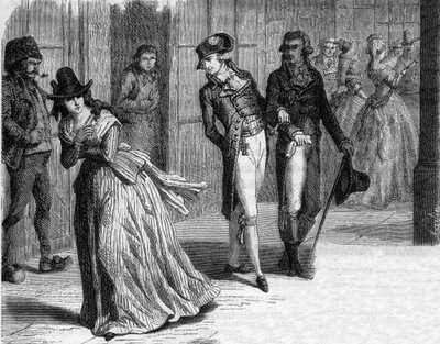 1793年、パレ・ロワイヤルのアーケードの下で、刃物職人バダンと一緒にいるシャルロット・コルデー - アルフォンス・ド・ラマルティーヌ（1790-1869）の「ジロンダンの歴史」に掲載されたエングレーヴィング 1865-1866 - 個人蔵 作： Anonymous Anonymous