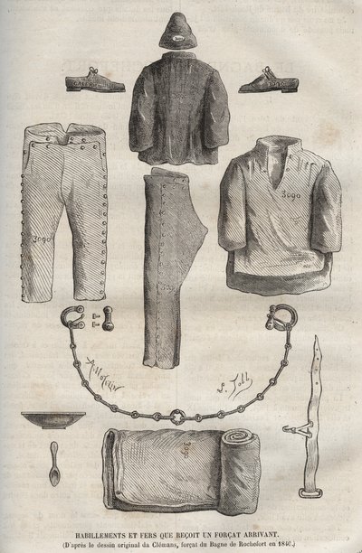19世紀、ロシュフォールのバッグンに到着した隊員が受け取った衣類とアイロン（1840年、バッグンの猫、クレマンスの原画より）。ピエール・ザッコーネ（18歳）の「Histoire des bagnes depuis leur création à nos jours」（1877年）に掲載された版画。 作： Anonymous Anonymous
