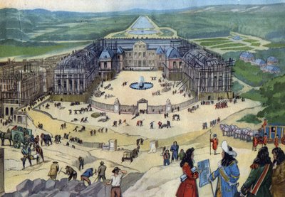 1678年、ジュール・アルドゥアン・マンサールの計画に基づいて行われたヴェルサイユ城の建設（手前はルイ14世 作： Anonymous Anonymous