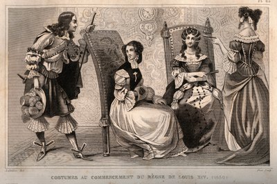 ルイ14世の王政初期（1650年）のコスチューム。1859年に出版された「Le Monde」に掲載された図版。M. E. de Lostalot-Bachoue (Lostalot Bachoue)による「最も遠い時代から現代までの全民族の歴史」。個人蔵。 作： Anonymous Anonymous