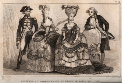 ルイ16世の政体の始まり（1775年）の衣装。1859年に出版された「Le Monde」に掲載された図版。M. E. de Lostalot-Bachoue (Lostalot Bachoue)による「最も遠い時代から現代までの全民族の歴史」。個人蔵。 作： Anonymous Anonymous