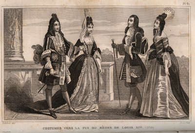 ルイ14世の治世末期（1710年）のコスチューム。1859年に出版された「Le Monde」に掲載された版画。M. E. de Lostalot-Bachoue (Lostalot Bachoue)による「最も遠い時代から現代までの全民族の歴史」。個人蔵。 作： Anonymous Anonymous