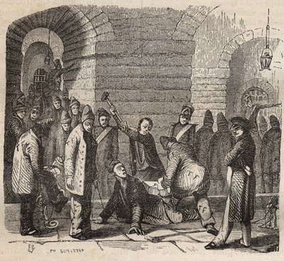 19世紀のロシュフォールのバッグンでの結合。ピエール・ザッコーネ（1817-1895）の「Histoire des bagnes depuis leur création à nos jours」（1877年）に掲載されている版画（Colonia Penale - Penal colony）。個人蔵。 作： Anonymous Anonymous