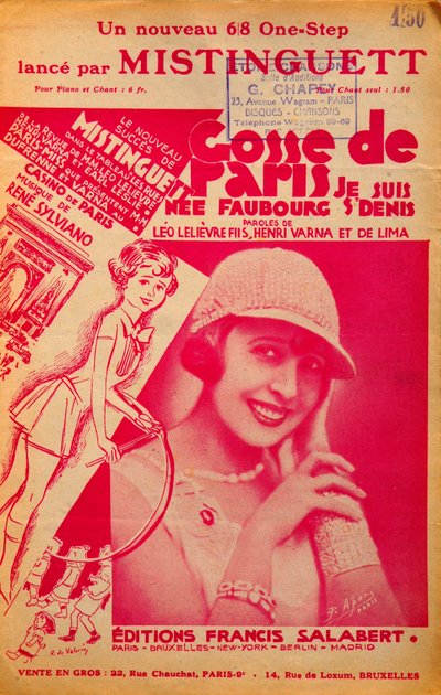 フランスの歌手ミスタンゲット（Mistinguette）（1875 - 1956）が歌った楽譜「Gosse de Paris」の表紙 作： Anonymous Anonymous