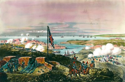ロシアとオスマン帝国との間で起きたクリミー戦争（1853-1856）：フランスとイギリスはトルコと同盟し、1854年10月17日から1855年9月8日までロシアの港セバストポリを包囲した。イギリス戦線からの眺め。19世紀のエングレーヴィング。プリバ 作： Anonymous Anonymous