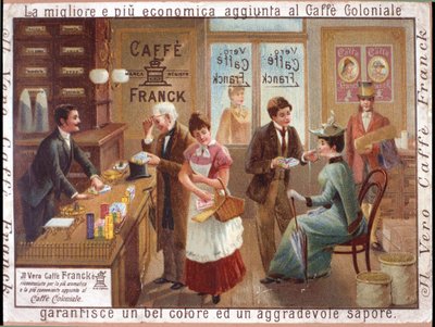 コーヒーを売る食料品店の客。Caffe Franck」の広告。1900年頃のクロモリトグラフィー。 作： Anonymous Anonymous