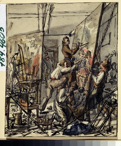 アーティストのスタジオで。 匿名の描画。 紙に水彩、インク 作： Anonymous Anonymous