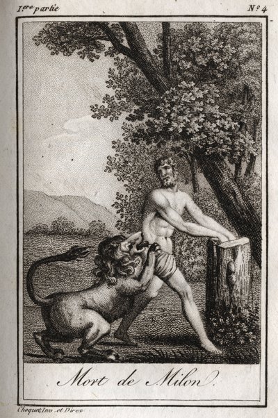 狼に食い殺されたミロン・ド・クロトン（クロトンのミロ）の死。Charles Albert Demoustier (1760-1801)の「Lettres a Emilie sur la mythologie」に掲載された1819年の版画。個人蔵。 作： Anonymous Anonymous