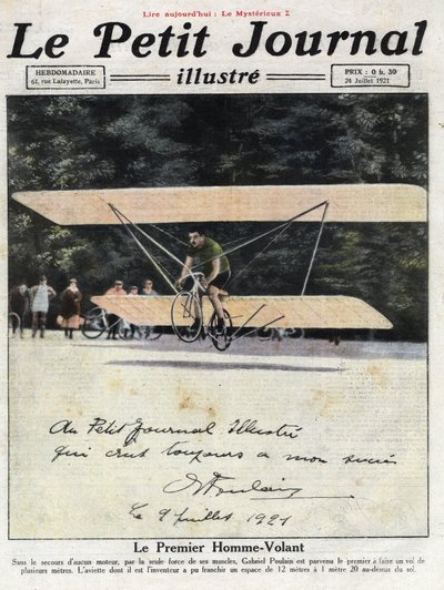 フランスの発明家で自転車乗りのガブリエル・プーランが、エンジンなしで数メートル飛ぶことができる複葉機の翼を備えた自転車「アビエット」に乗っている姿を描いた専用ポートレート。イラストは1921年7月24日の「Le petit journal illustrious」から引用。 作： Anonymous Anonymous