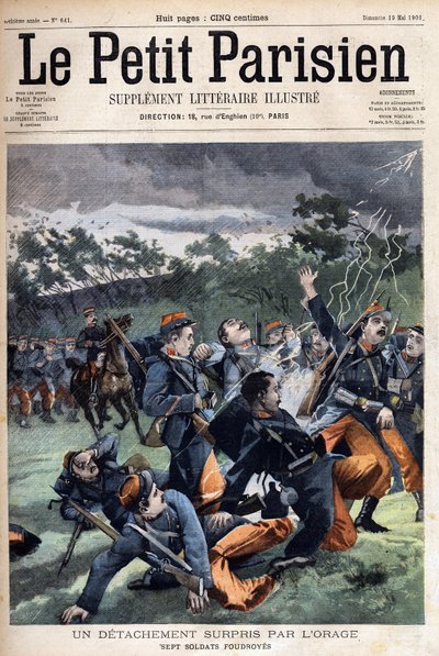 嵐に驚いた兵士の分隊：7人の兵士が打たれる、1901年5月19日の「Le Petit Parisien」に掲載されている（エングレーヴィング 作： Anonymous Anonymous