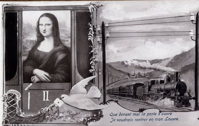 レオナルド・デ・ヴィンチ（レオナルド・ダ・ヴィンチ）（1452-1519）の「モナリザ」（Mona Lisa, Monna Lisa）のデトゥルーニー表現：」この絵は、その美術館を探したいと願いながら、列車の中で表現されています。によって作品が盗まれた時に編集されたお笑い絵葉書。 作： Anonymous Anonymous