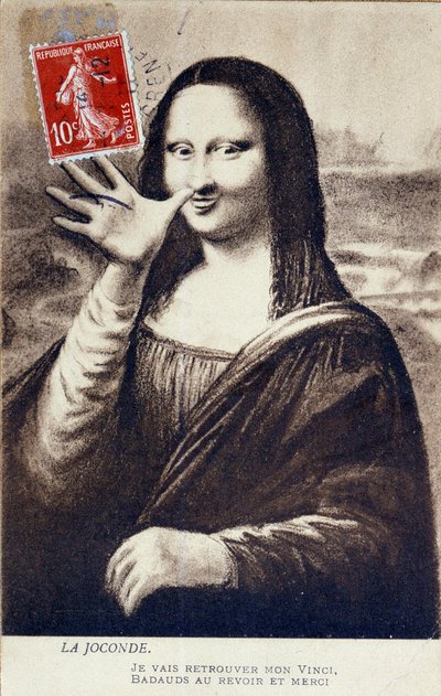 レオナルド・ダ・ヴィンチ（Leonardo da Vinci）(1452-1519)の「モナリザ」のデターニー表現。モナリザ（Mona Lisa）が自分の「ヴィンチ」を探すために出発することを意味する挨拶。作品が盗まれた時に編集されたコメディーポストカード（Vincenzo Per 作： Anonymous Anonymous