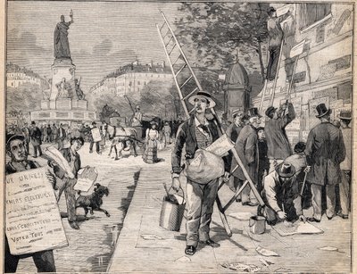 フランスの選挙期間中のディスプレイ。1893年8月20日の「Le Petit Parisien」に掲載されたエングレーヴィング。 作： Anonymous Anonymous