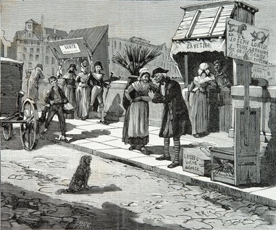 1796年頃のパリの橋の上の犬のトリマーたち、エングレーヴィング、個人蔵 作： Anonymous Anonymous