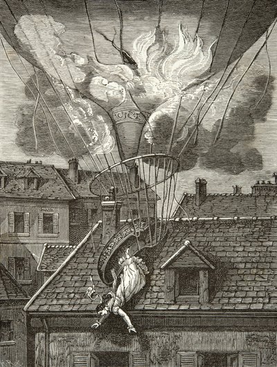 1819年7月6日、パリのチボリ公園上空での飛行士マダム・ソフィー・ブランシャール（1778-1819）の劇的な死、エングレーヴィング、プライベート・コレクション 作： Anonymous Anonymous