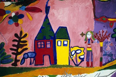 ルース・クロス・スクールの子供たちが描いた、鳥、少女、家を描いた絵。サン・ブリュック（Saint-Brieuc）。 作： Anonymous Anonymous