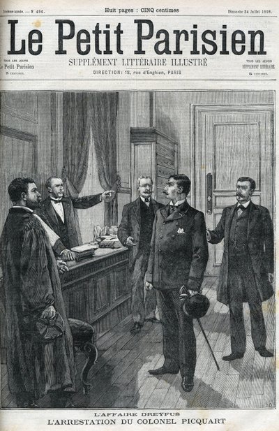 ドレフュス事件、1898年、ジョルジュ・ピカール中佐（1854-1914）の逮捕。1898年の「le petit Parisien」で。 作： Anonymous Anonymous