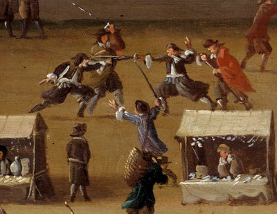 17世紀のパリ、ポンヌフでの決闘シーン 詳細匿名の絵画。パリ、カルナヴァレ美術館 作： Anonymous Anonymous