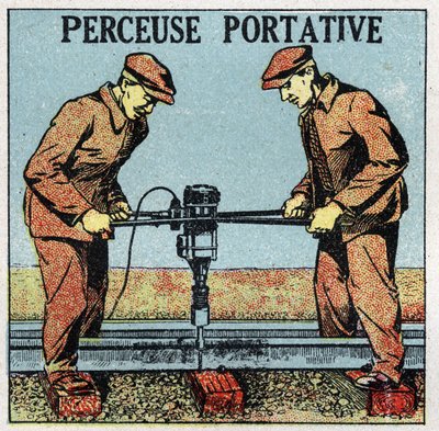電動工具：ポータブルドリル。1925年の匿名のイラスト。個人蔵。 作： Anonymous Anonymous