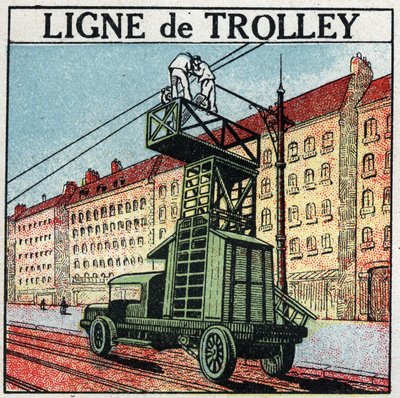 電気式トラム：トローリー線。1925年の匿名のイラスト。個人蔵。 作： Anonymous Anonymous