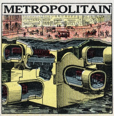 電気式トラム：メトロポリタンの路線を示すパリの地上の断面図。1925年の匿名のイラスト。個人蔵。 作： Anonymous Anonymous