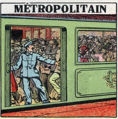 電動トラム：パリのメトロポリタン号に積み重なる乗客。1925年の匿名のイラスト。個人蔵。 作： Anonymous Anonymous
