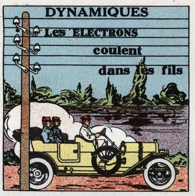 電気現象：動的現象。電線の中を流れる電子。1925年の匿名のイラスト。個人蔵。 作： Anonymous Anonymous