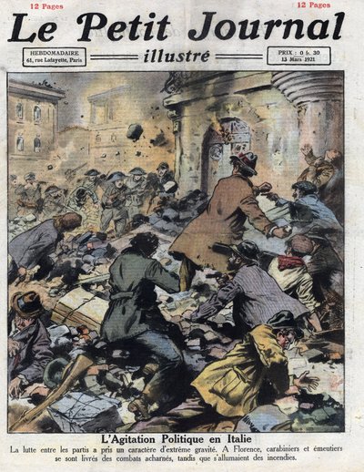 2月27日、フィレンツェで起きた共産主義者とファシストの衝突。カラビニエリの介入。イラストは1921年3月13日の「Le petit journal」から引用。個人蔵 作： Anonymous Anonymous