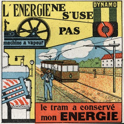 エネルギーは消耗しない：ダイナモで発電し、路面電車の蒸気機関に供給する。1925年の匿名のイラスト。個人蔵。 作： Anonymous Anonymous