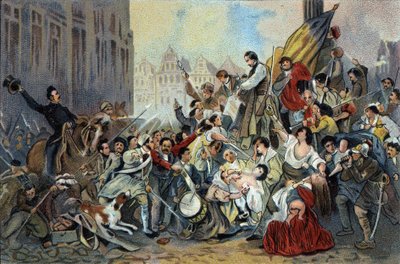 ブリュッセル市庁舎前での1830年の革命のエピソード。20世紀初頭、ブリュッセルのアントワーヌチョコレートの広告用クロモリトグラフ。個人蔵 作： Anonymous Anonymous
