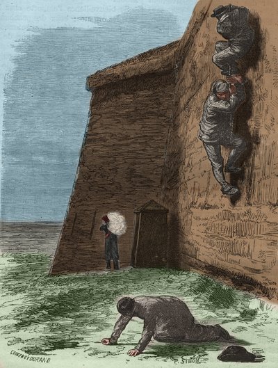 19世紀のロシュフォールのバッグンからの脱出。ピエール・ザッコーネ（1817-1895）の「Histoire des bagnes depuis leur création à nos jours」（1877年）に掲載された版画（コロニア・ペナーレ-流刑地）。個人蔵。 作： Anonymous Anonymous