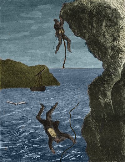 19世紀のBagne de Belle-Ile-en-Mer（海に浮かぶ美しい島）からの2つの勢力の脱出。ピエール・ザッコーネ（1817-1895）の「Histoire des bagnes depuis leur création à nos jours」（1877年）に掲載されている版画（Colonia Penale - Penal colony）。個人蔵 作： Anonymous Anonymous
