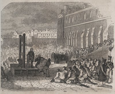 ジョセフ・ボルドレによるブレストのバーニュでの処刑。ピエール・ザッコーネ（1817-1895）の『Histoire des bagnes depuis leur création à nos jours』（1877年）に掲載されている版画（Colonia Penale - Penal colony）。プライベートコレクション 作： Anonymous Anonymous